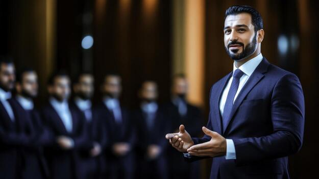 Professional Speaker Engaging Audience in a Formal Setting with Smartly Dressed Attention-Grabbing Background photo