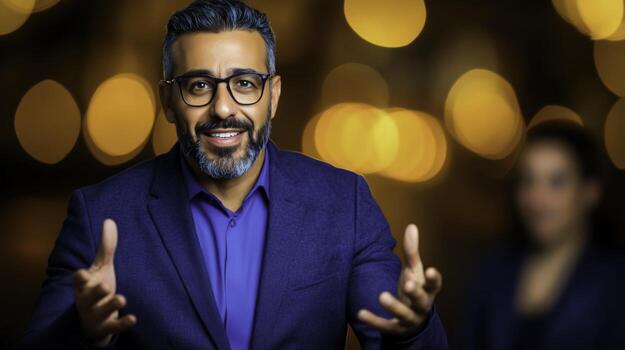 Confident Businessman Engaging Audience with Charismatic Presentation in Blurred Background photo