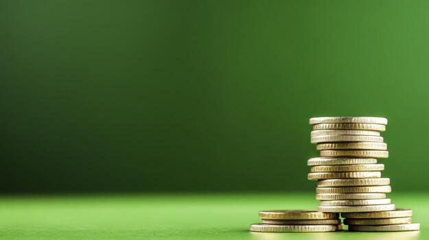 Stacked Gold Coins on a Green Background for Financial Investment and Savings Concepts photo