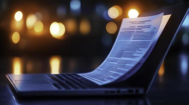 Document Pages Flowing from Laptop in Dark Room with Glittering Background Lights photo