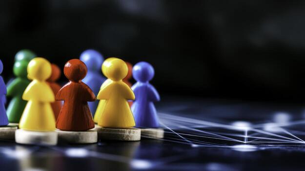 Colorful Wooden Figures Standing Together on a Modern Digital Background Representing Community and Network photo