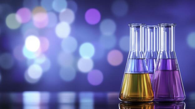 Colorful Chemical Solutions in Laboratory Glassware on Bright Bokeh Background for Science Concept photo