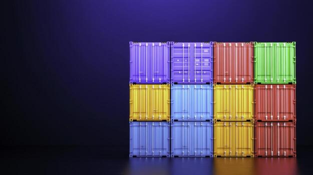 Colorful Stacked Shipping Containers on Dark Background in Creative Arrangement and Design photo