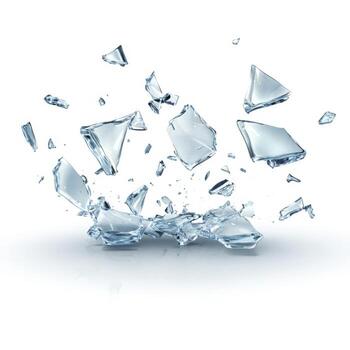 Shattered Transparent Glass Pieces on White Background, Dynamic Motion of Broken Fragments photo