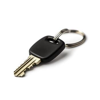 closeup Image of a Single Black Key with a Key Ring Isolated on a White Background photo