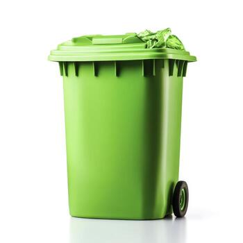 Bright Green Waste Bin with Lid and Garbage Bag Isolated on a White Background photo