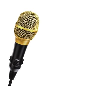 Glossy yellow microphone on white background with textured mesh and sleek design for performances photo