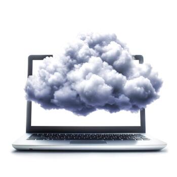 Laptop with a cloud hovering above the screen depicting cloud computing and digital storage concept photo