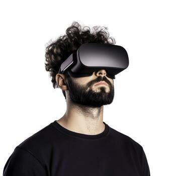 Young man using virtual reality headset in modern room with dramatic lighting and focused expression photo