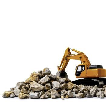 Excavator Machinery Working on Construction Site with Rocks and Gravel Piled Up photo