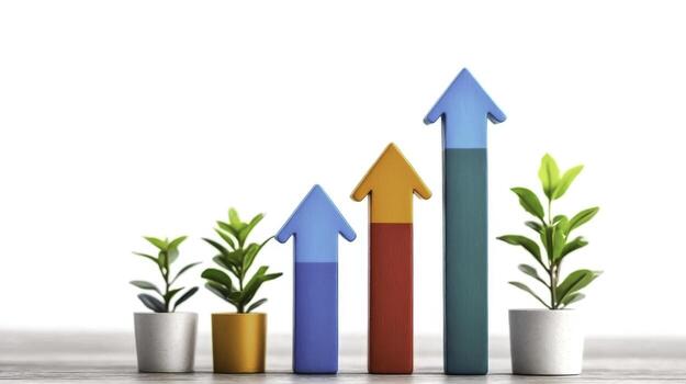 Growth and Success Concept with Colorful Bars and Green Plants in White Background for Business Use photo