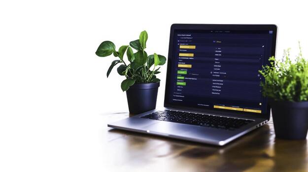 Modern Laptop with Coding Software Surrounded by Green Indoor Plants on a Wooden Table photo