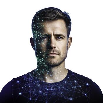 Male Portrait with Digital Network Visualization Effect for Technology and Innovation Themes photo
