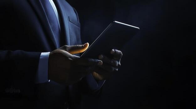 Business Professional Using Tablet Device in Dark Setting with Ambient Lighting Effects photo