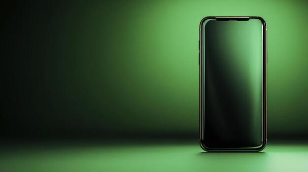 Modern Smartphone Displaying Digital Screen against Green Gradient Background in Studio Setting photo