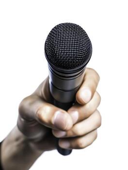 closeup of Hand Holding Microphone Against White Background for Public Speaking photo