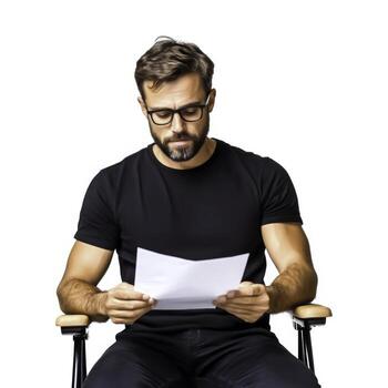 pensativo hombre leyendo documento mientras sentado en silla en elegante moderno oficina foto