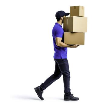 Delivery Person Carrying Stack of Cardboard Boxes in Uniform on White Background photo