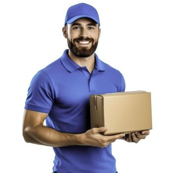 Friendly delivery person with package smiling in blue uniform and cap photo