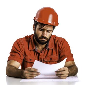 Focused Worker in Red Shirt and Hard Hat Reading Documents at a Desk photo