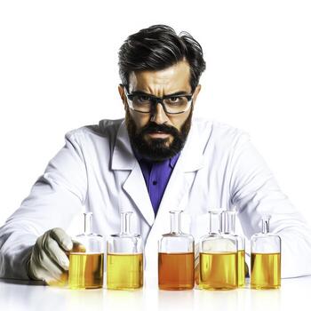 Scientist in White Lab Coat Examining Colorful Chemical Bottles with Serious Expression photo