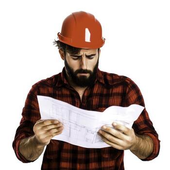 Construction worker in red helmet examining blueprints with focused expression photo