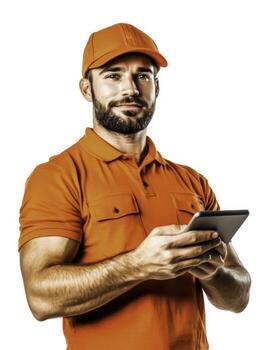 Confident Worker in Orange Uniform Using Tablet for Modern Workplace Tasks photo