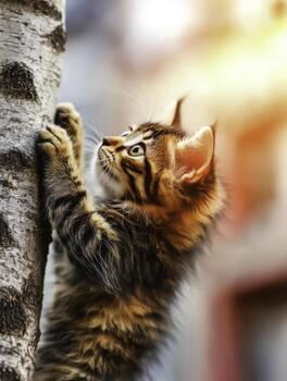 Playful Tabby Kitten Climbing Tree with Expressive Eyes in Sunlight photo