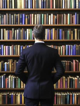 Man in Suit Standing Before a Large Wall of Colorful Books in Library Setting photo