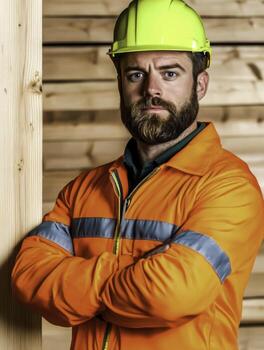 Construction Worker in Orange Safety Jacket with Hard Hat and Neutral Expression photo