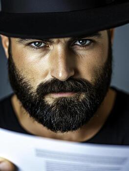 Intense Portrait of a Man with Beard and Hat Holding Document in Studio Lighting photo