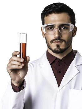 Scientist in Lab Coat Holding Test Tube with Red Liquid on White Background photo
