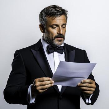 Elegant Man in Tuxedo Reading Important Document with Serious Expression photo
