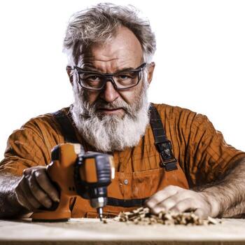 Skilled craftsman with beard using power drill for woodworking project photo