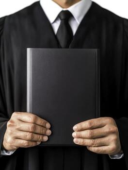 Professional judge holding a blank book in black robe with white background photo
