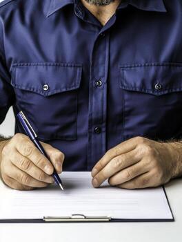 Man in Blue Shirt Writing with Pen on Notepad at Table in Bright Atmosphere photo