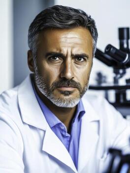 Professional Male Scientist in Laboratory Setting with Microscope Focused Expression photo