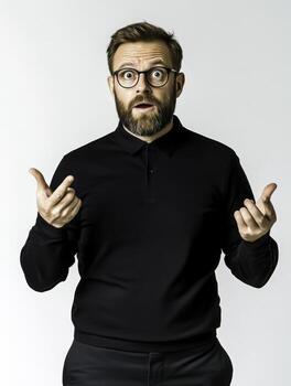 Surprised Man Gesturing with Hands in Black Shirt Against Neutral Background photo