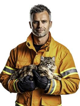 Heroic man in orange jacket holding fluffy cat with a confident expression photo