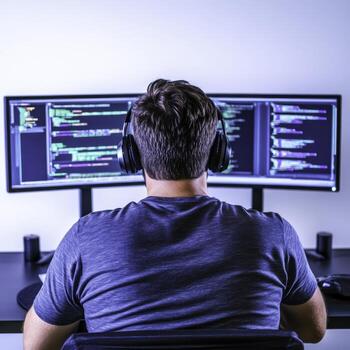 Young Programmer Working Late on Code with Multiple Monitors and Headphones photo