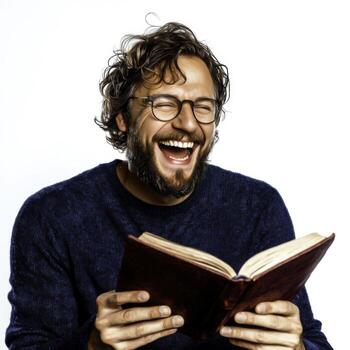 Happy man reading a book and smiling with joy against a white background photo