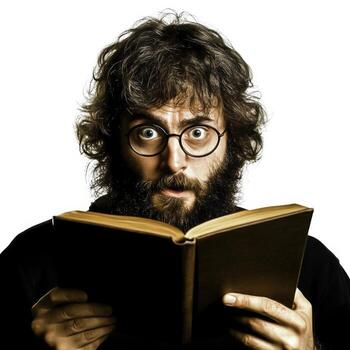 Young man with glasses reading an old book with a surprised expression indoors photo