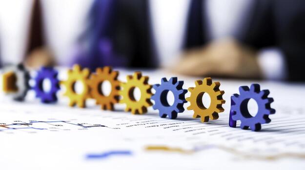 Colorful Gears on Table Representing Business Strategy and Collaboration Concept photo