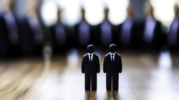 Two Business Figures Standing in Focus with Unfocused Office Background Scene photo