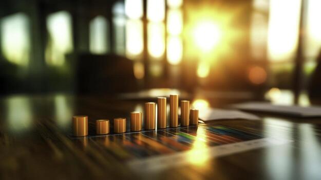 Elegant Bar Graph with Sunset in Background for Business and Finance Themes photo