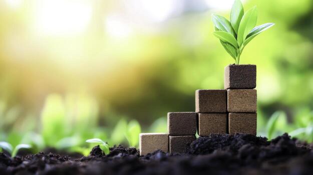 Growing Plant on Wooden Blocks Symbolizing Sustainable Growth and Progress in Nature photo