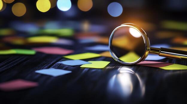 Magnifying Glass on Colorful Sticky Notes with Blurry Background Lights photo