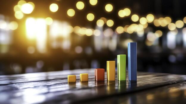Colorful wooden blocks forming a growth chart on a wooden table with bokeh lights photo