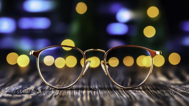 Stylish glasses with a warm bokeh background and wooden texture in focus photo