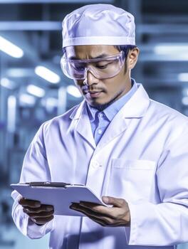 Experienced laboratory technician analyzing data in sterile environment photo